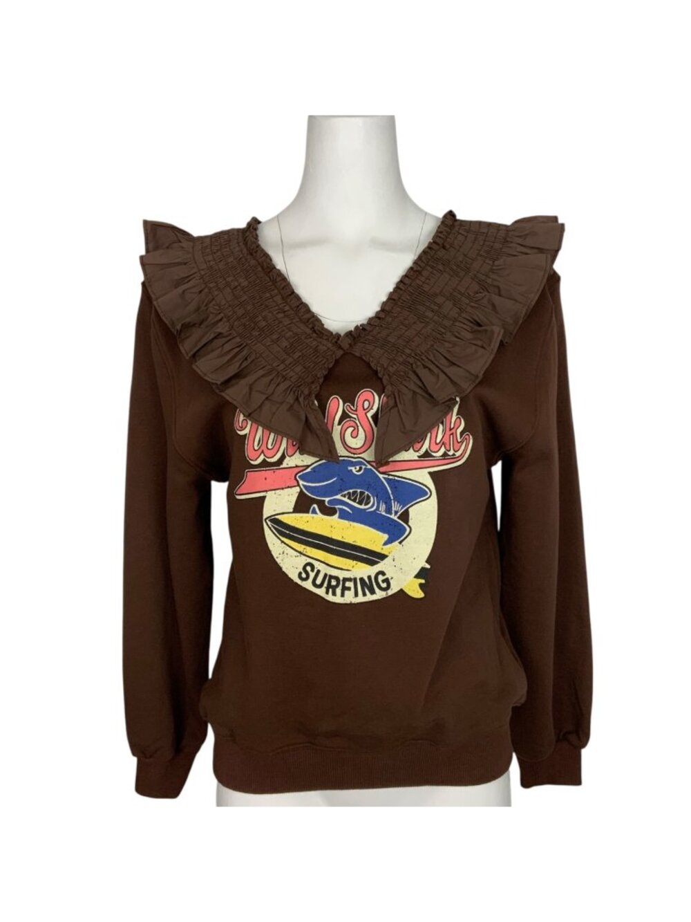 Wild Shark Surfing Sweatshirt By Panduola Studio S Brown Pilgrim Collar